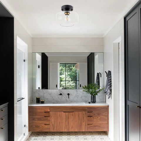 Semi Flush Mount Ceiling Light With Matte Black Finish And 8.66 Inch Clear Hand Blown Glass Shade in modern bathroom