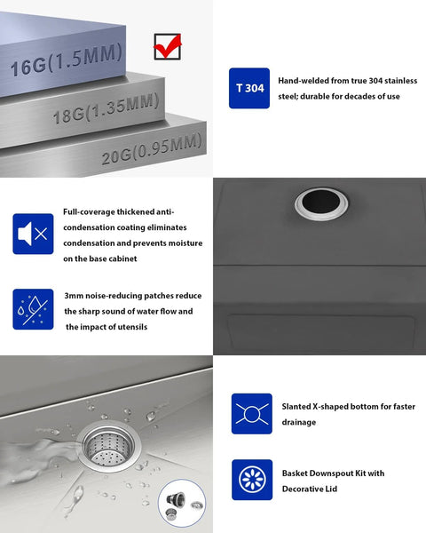Dcolora drop-in laundry sink, 25x22 inch, 12-inch deep, 304 stainless steel, 16-gauge, single bowl.