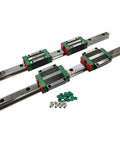 Beefy HGR25 Linear Rail Slide Block Combo For Dual Axis CNC Projects, Two Carriage Styles, Four Carriages, Heavy Duty Build For Engraving And Routing, Flexible Mounting, Wide Length Options For Big DIY Machining. HGR25 rails with four carriages and fittings