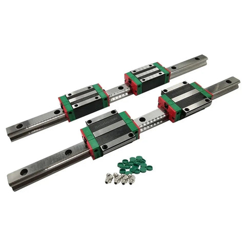 Beefy HGR25 Linear Rail Slide Block Combo For Dual Axis CNC Projects, Two Carriage Styles, Four Carriages, Heavy Duty Build For Engraving And Routing, Flexible Mounting, Wide Length Options For Big DIY Machining. HGR25 rails with four carriages and fittings