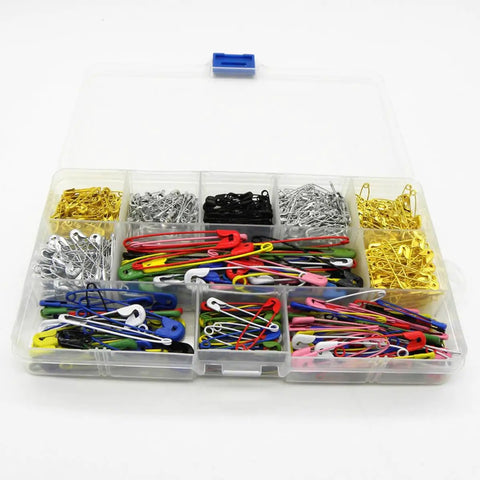 Kickass Assorted Steel Safety Pins Bulk Kit For Sewing Tailoring And Crafting, multi-colored in a clear organizer.