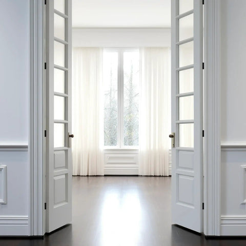 Open white double doors with heavy duty built to last 3.5 inch matte black door hinges 18 pack with lubricant enhanced for smooth silent operation five eighths inch radius corners compatible with interior and exterior doors includes screws.
