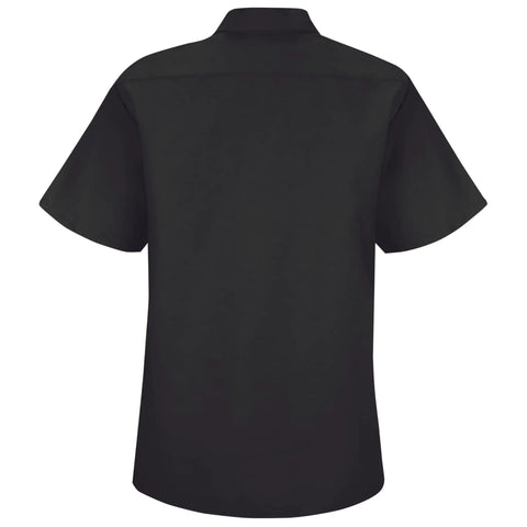 Back view of Top Shelf Heavy Duty Short Sleeve Industrial Work Utility Button Down Uniform Shirt With Soil Release Finish And Moisture Wicking Fabric Dual Chest Pockets Relaxed Fit Matte Black.