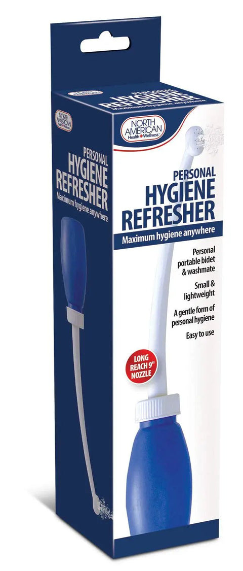 Portable Bidet Personal Hygiene Refresher With Extra Long 9 Inch Curved Nozzle For Longer Reach in retail packaging.