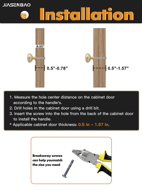 Installation guide for Brushed Gold Cabinet Knobs Round Brass Drawer Pulls Zinc Alloy 2 Pack with measurements and tools shown.
