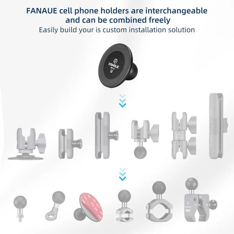 Magnetic Car Phone Holder Base With 1 Inch Ball Head For RAM B Size Mounts shown with interchangeable components.