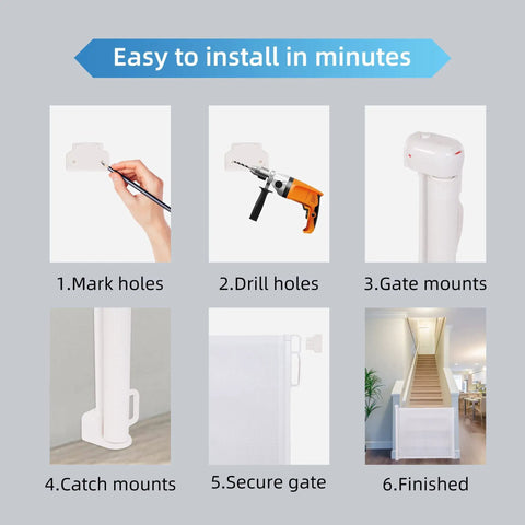 Installation steps for retractable baby gate for extra wide openings, 34 inch tall, extends up to 71 inches, kid and pet friendly mesh gate.
