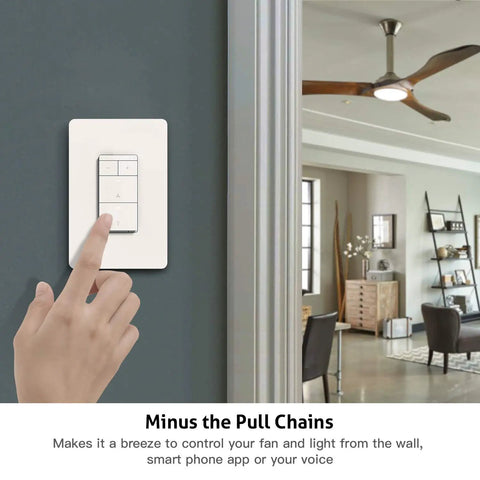 Smart Ceiling Fan Controller And Dimmer Light Switch 2 Pack No Fuss Setup Requires Neutral Wire 2.4GHz Wi Fi Single Pole Works With Alexa Google Home And SmartThings Remote Control, showing switch installation near a modern styled living room.