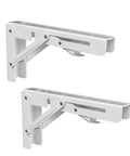 Heavy Duty Folding Shelf Brackets Set 2 Piece Metal Wall Mounted Triangle Supports Fold Down Design White 10 Inch For Tables Work Benches DIY Shelving Rust Proof And Easy Install