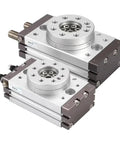 Front view of two MSQB-30A pneumatic rotary actuators with aluminum bodies, 190° swing, mounting flanges.