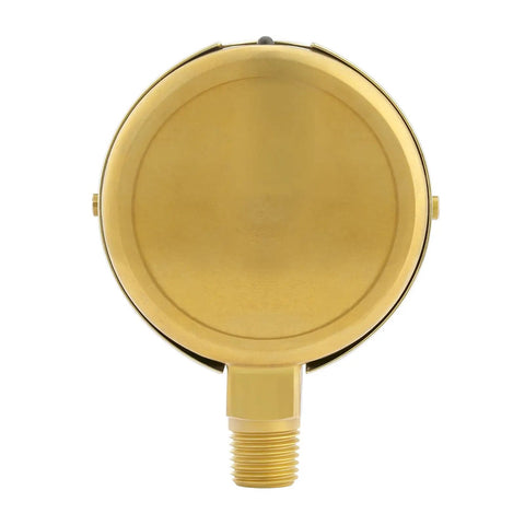 Back view of Built Tough Heavy Duty Fully Brass Hydraulic Glycerin Filled Pressure Gauge with Two and a Half Inch Dial