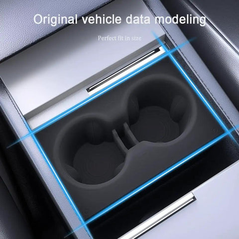 Slick White Silicone Cup Holder Tray For Tesla Model Y 2025 Center Console, perfect fit with dual cup slots.
