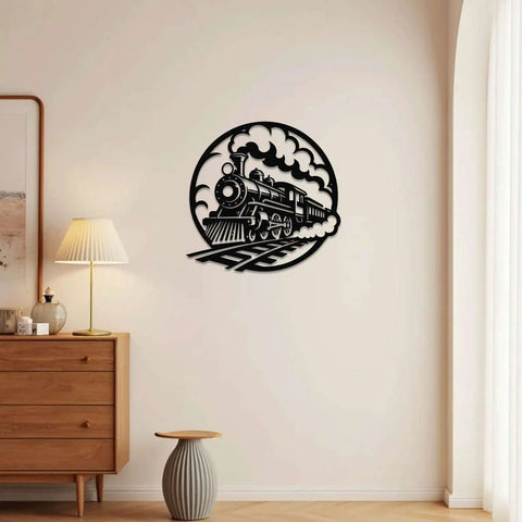Locomotive Metal Wall Art In Black Finish For Indoor And Outdoor Decor 20 Inch Vintage Rustic Artwork in living room setting