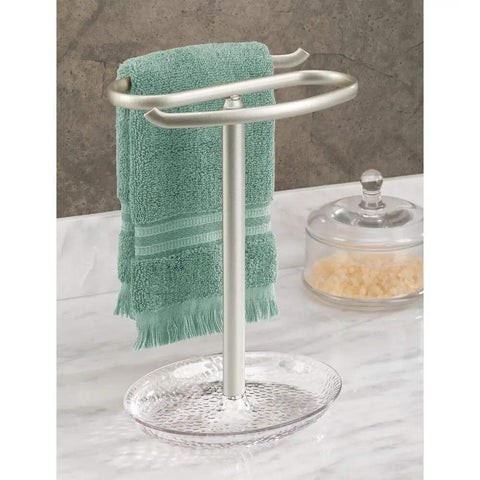 Steel Fingertip Towel Rack Stand With Base Tray For Jewelry Or Small Accessories, Two Bar Towel Holder With Teal Towel