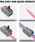 14 Pcs Mini Lever Nut Wire Connectors Set SPL 2M multicolor quick terminal block shown in 4-step wiring use