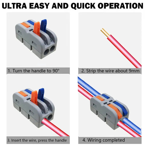 14 Pcs Mini Lever Nut Wire Connectors Set SPL 2M multicolor quick terminal block shown in 4-step wiring use