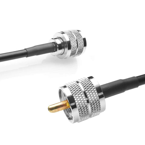 RG58 Coax Cable 3Foot PL259 Male To Male UHF Antenna Wire For CB Radio Rig Setup, showing brass connectors and cables.