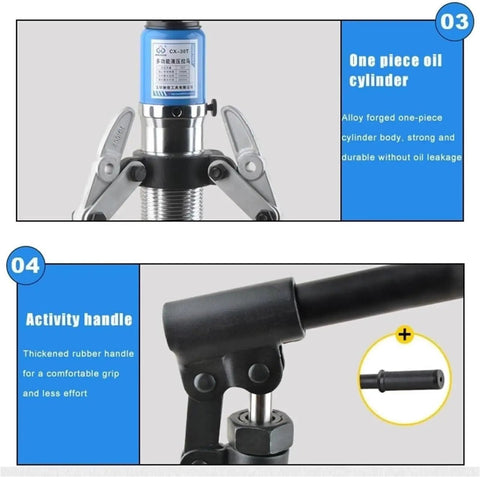 Heavy Duty Hydraulic Bearing Puller Wrench 15 Ton Rock Solid Gear Extractor Tool showing one piece oil cylinder and rubber handle.