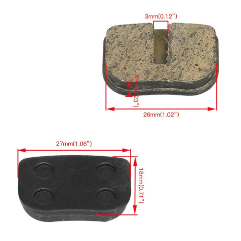 Front view of Mini Bike Disc Brake Pads for 79cc to 105cc Mini Bikes and Go Karts with measurements labeled