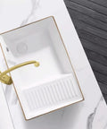 USZWBY Vessel Sinks Light Luxury Above Counter Basin Side Drain Ceramic Wash Phnom Penh Small Apartment Bathroom Bowl Sink with gold faucet.