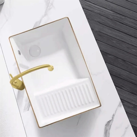 USZWBY Vessel Sinks Light Luxury Above Counter Basin Side Drain Ceramic Wash Phnom Penh Small Apartment Bathroom Bowl Sink with gold faucet.