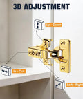 Gold Finish 50 Pack Soft Close Cabinet Hinges For Kitchen Cabinets Half Overlay Stainless Steel Built In Damper 100 Degree Opening 6 Way Adjustment 25 Pairs Easy Install showing 6-way adjustment mechanism on white cabinet
