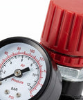 Close-up of Air Compressor Pressure Regulator Replacement AB-9051114 with gauge and red knob for Bostitch Husky Hitachi Craftsman