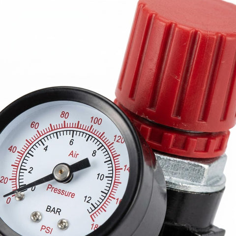 Close-up of Air Compressor Pressure Regulator Replacement AB-9051114 with gauge and red knob for Bostitch Husky Hitachi Craftsman