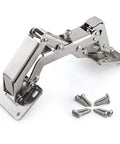 Angled view of stainless steel 170/175° frameless cabinet hinge with hidden hydraulic soft-close, mounting plate, and screws (1 pair)