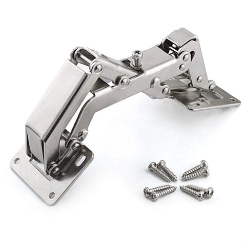Angled view of stainless steel 170/175° frameless cabinet hinge with hidden hydraulic soft-close, mounting plate, and screws (1 pair)