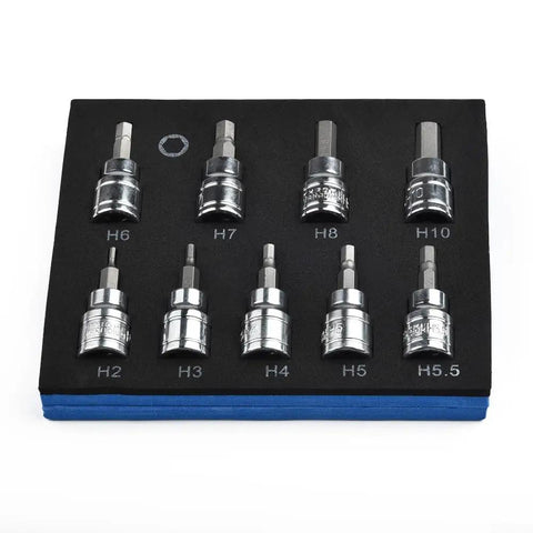 Eight-piece Three Eighths Inch Drive Metric Hex Bit Socket Set In Chrome Vanadium Steel, 2mm To 10mm, in foam tray
