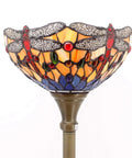 Tiffany Style Floor Lamp With Bold Orange Blue Dragonfly Stained Glass Shade, 12 Inch Wide, Antique Bronze Base