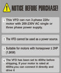 Notice for VFD Inverter For 3 Phase Motors From Single-Phase To Three-Phase 220V, 0-400Hz Speed Control with key warnings and usage instructions.