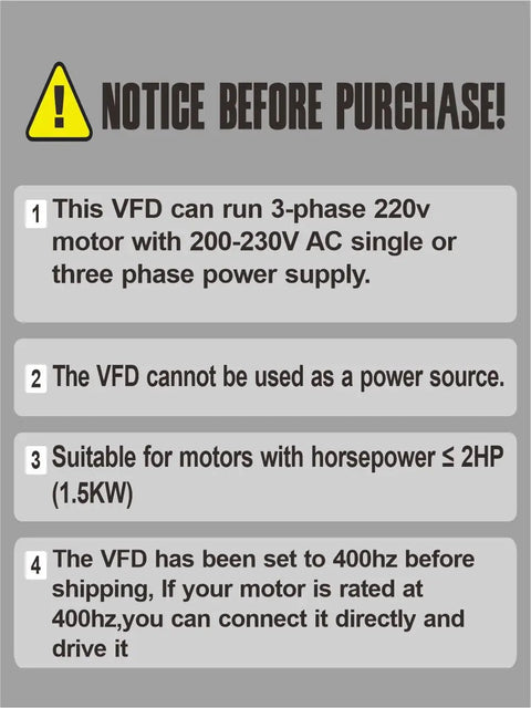 Notice for VFD Inverter For 3 Phase Motors From Single-Phase To Three-Phase 220V, 0-400Hz Speed Control with key warnings and usage instructions.
