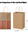 Bulk Brown Kraft Paper Bags With Handles 100 Pack Small Gift Bags 5.25 By 3.25 By 8.25 Inches Durable 110 Gsm size comparison