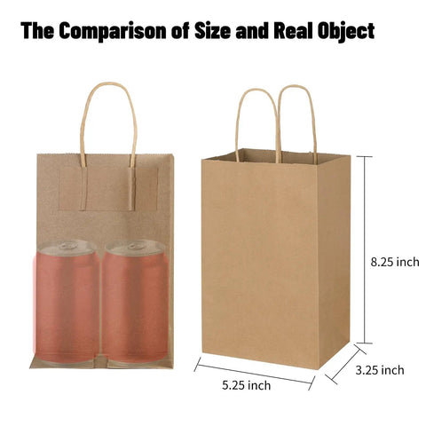 Bulk Brown Kraft Paper Bags With Handles 100 Pack Small Gift Bags 5.25 By 3.25 By 8.25 Inches Durable 110 Gsm size comparison