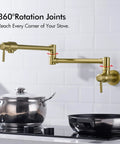Pot Filler Wall Mounted Faucet With Double Jointed Swing Arm And Two Lever Handles In Brass, 23.4 Inch Reach, shown over stove