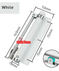 Adjustable Aluminum Door Closer With Auto Soft Close Fireproof Safe Finish No Fuss Lightweight Build For Home And Light Commercial Doors Easy Adjustable Settings For Quiet Smooth Reliable Closing In White, dimensions shown and inset showing closer component.