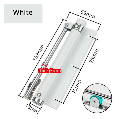 Adjustable Aluminum Door Closer With Auto Soft Close Fireproof Safe Finish No Fuss Lightweight Build For Home And Light Commercial Doors Easy Adjustable Settings For Quiet Smooth Reliable Closing In White, dimensions shown and inset showing closer component.