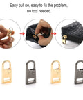 4 Pack Zipper Pull Tabs Replacement Metal Zipper Handles For Luggage Suitcases Jackets Backpacks Coats Boots Gunmetal Black And Gold Easy No Fuss Zip Repair Kit shown installed on a bag with close-up views.