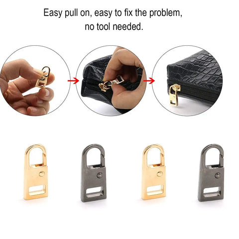 4 Pack Zipper Pull Tabs Replacement Metal Zipper Handles For Luggage Suitcases Jackets Backpacks Coats Boots Gunmetal Black And Gold Easy No Fuss Zip Repair Kit shown installed on a bag with close-up views.