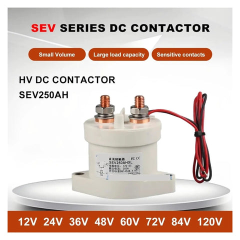 Heavy Duty DC Contactor SEV250AH Electric Relay Switch with terminals and wiring for EV chargers and telecom networks.