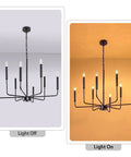 Six Light Black Farmhouse Chandelier With Candlestick Arms For Dining Room, Living Room, Foyer And Kitchen, Rustic Industrial Hanging Ceiling Light shown both on and off.