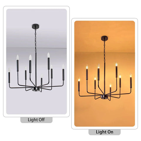 Six Light Black Farmhouse Chandelier With Candlestick Arms For Dining Room, Living Room, Foyer And Kitchen, Rustic Industrial Hanging Ceiling Light shown both on and off.