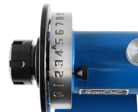 ER32 Shop Ready Pro Grade Precision Spin Index with wrench, close-up of index plate with 36 holes and numbers, blue body