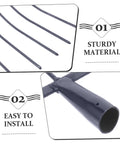 Close-up of heavy duty manure fork with four tines and hardwood handle showcasing sturdy material and easy installation features.