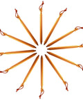 12 Pack Tent Stakes Made From 7075 Aluminum arranged in a circle, showing durable orange design for camping, heavy duty spikes with reflective pull cords.