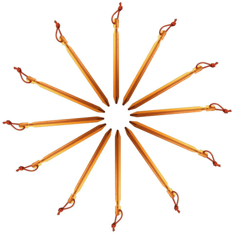 12 Pack Tent Stakes Made From 7075 Aluminum arranged in a circle, showing durable orange design for camping, heavy duty spikes with reflective pull cords.