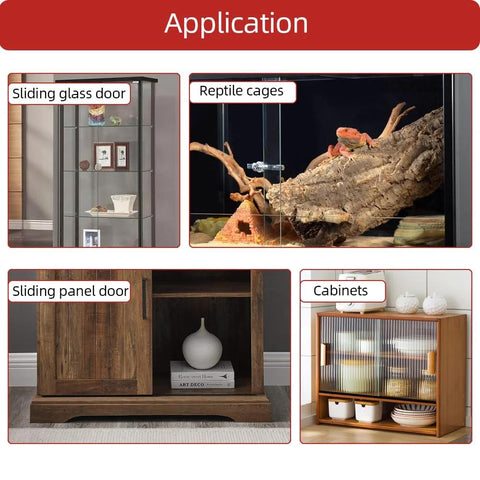 Applications for sliding door track kit including glass doors, reptile cages, panel doors, and cabinets with U Channel.