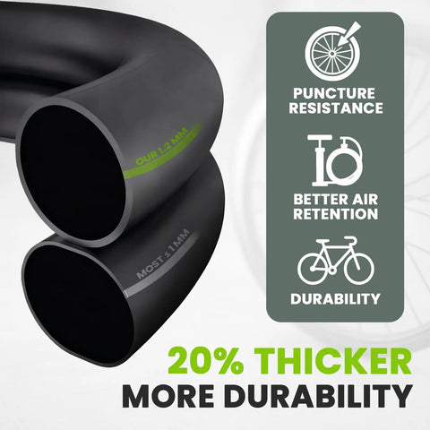 Comparison of 20% thicker heavy duty 26 inch bike inner tube for 26x1.75 1.95 2.10 2.125 tires with 32mm Schrader valve